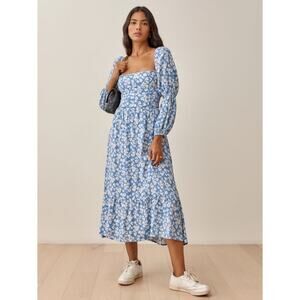Reformation Mica Square Neck Floral Midi Dress in Daniella Blue White Size 4